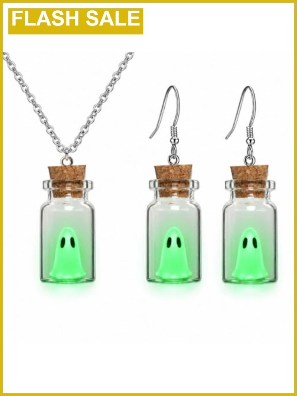 Glow in Dark Ghost Vial Earrings Necklace Set Glass Resin Alloy Jewelry